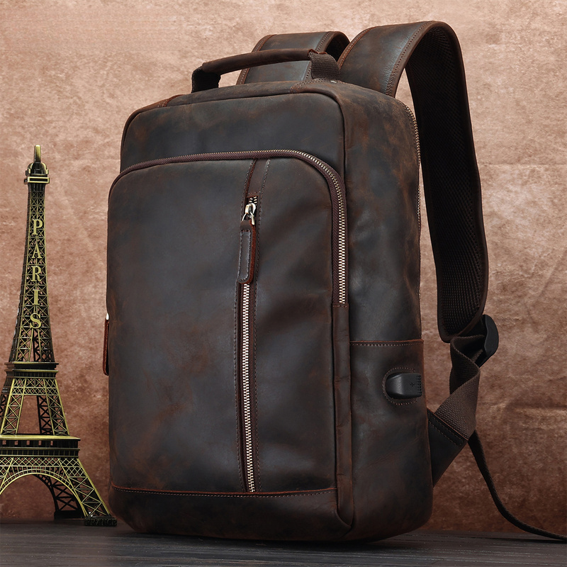 Laptop Backpack 15.6 - Leather double-shoulder backpack, 15.6-inch laptop bag,
