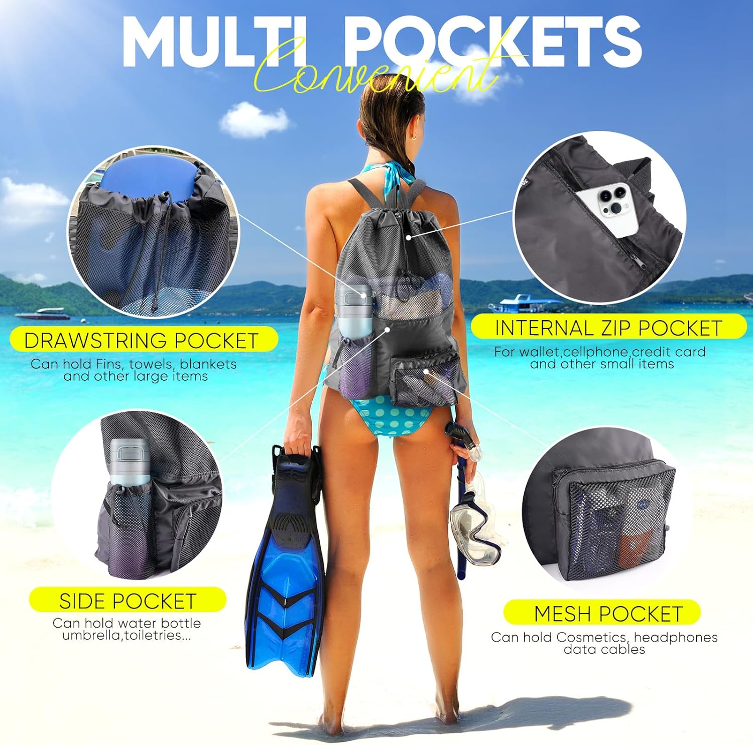 Swim Mesh Beach Bag, Waterproo - Drawstring Gym Bag incelemesi ve fiyatı